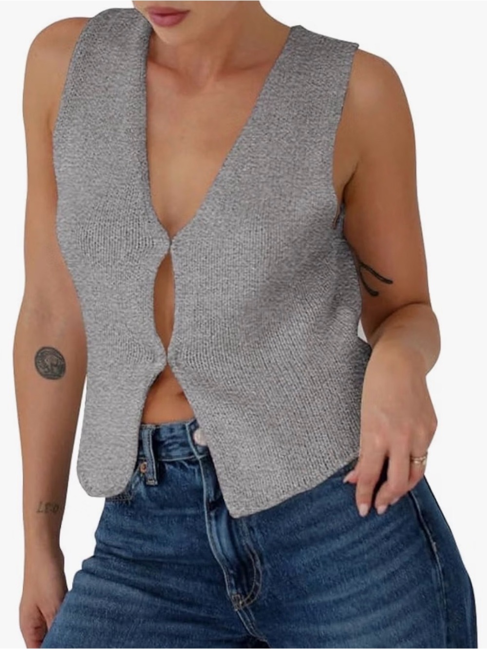 Gray Knit V-Neck Sleeveless Top